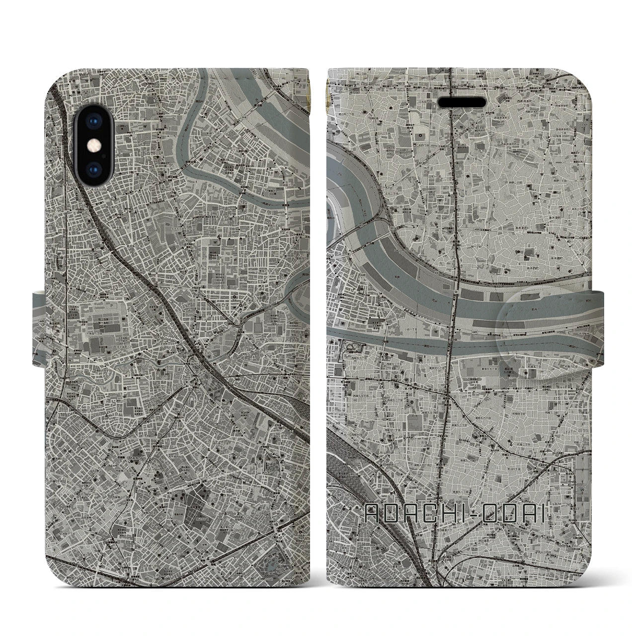【足立小台(東京都)】地図柄iPhoneケース(手帳タイプ)モノトーン・iPhone XS / X 用