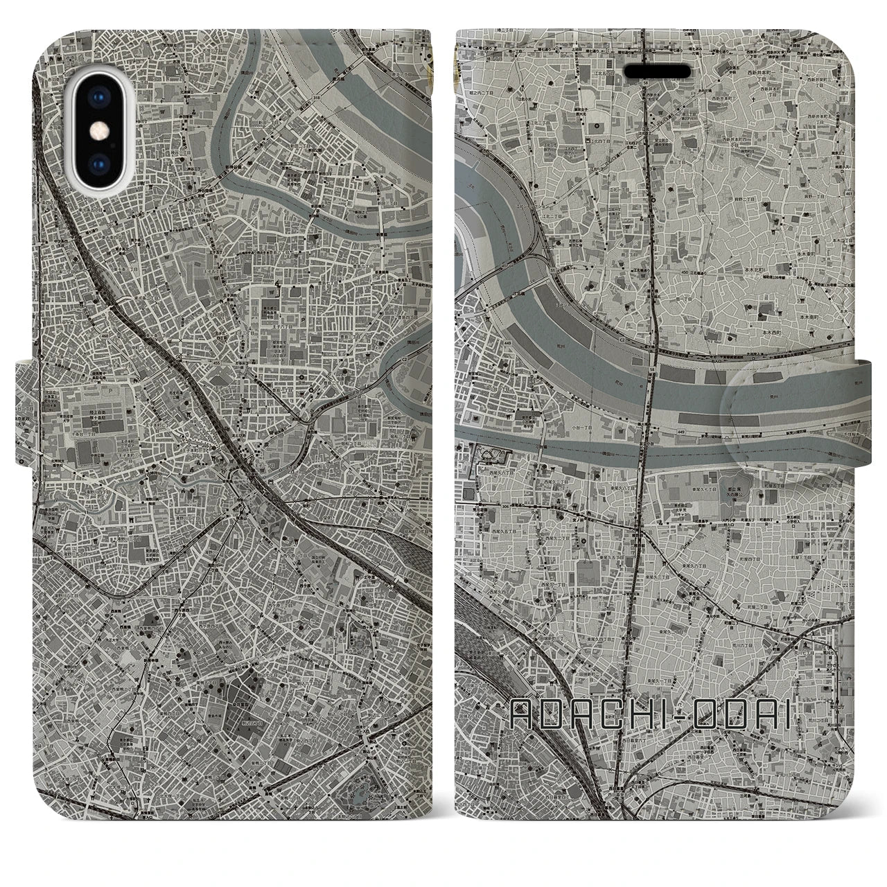 【足立小台(東京都)】地図柄iPhoneケース(手帳タイプ)モノトーン・iPhone XS Max 用