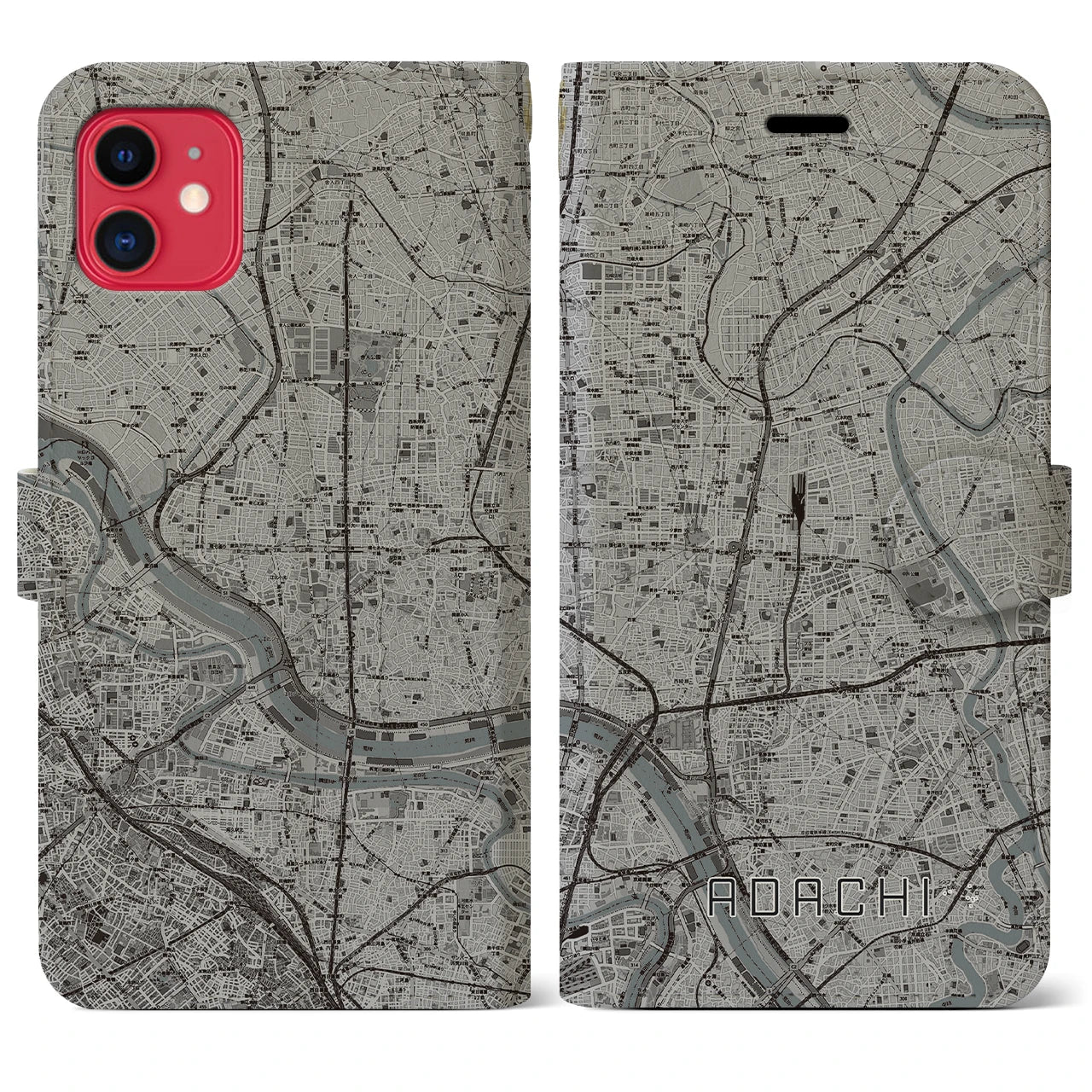 【足立(東京都)】地図柄iPhoneケース(手帳タイプ)モノトーン・iPhone 11 用