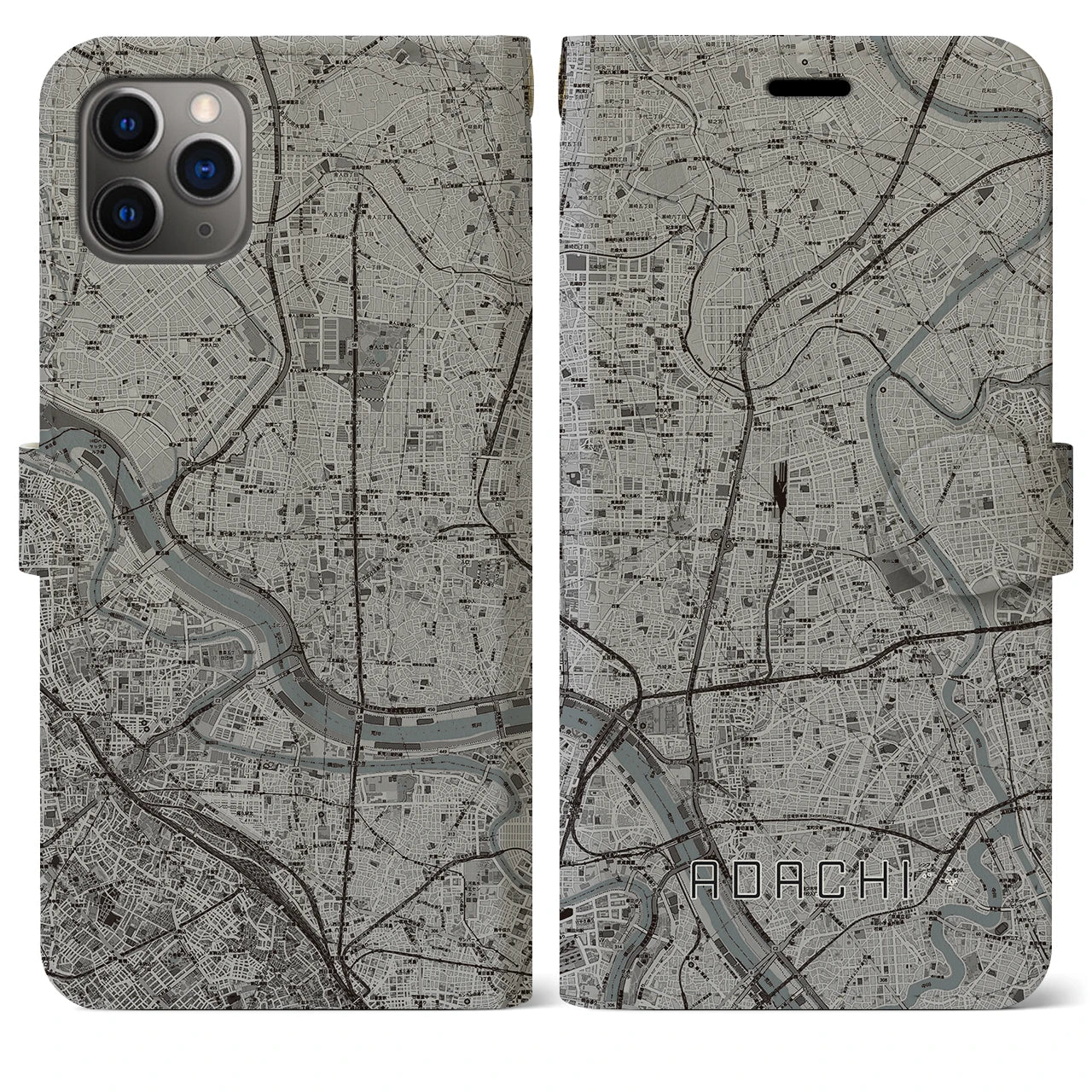 【足立(東京都)】地図柄iPhoneケース(手帳タイプ)モノトーン・iPhone 11 Pro Max 用