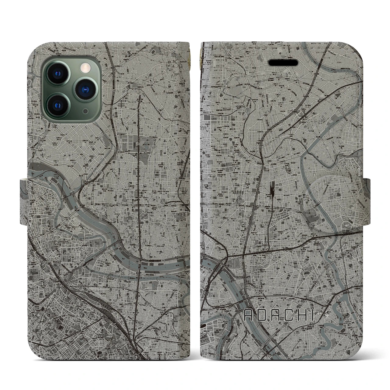 【足立(東京都)】地図柄iPhoneケース(手帳タイプ)モノトーン・iPhone 11 Pro 用