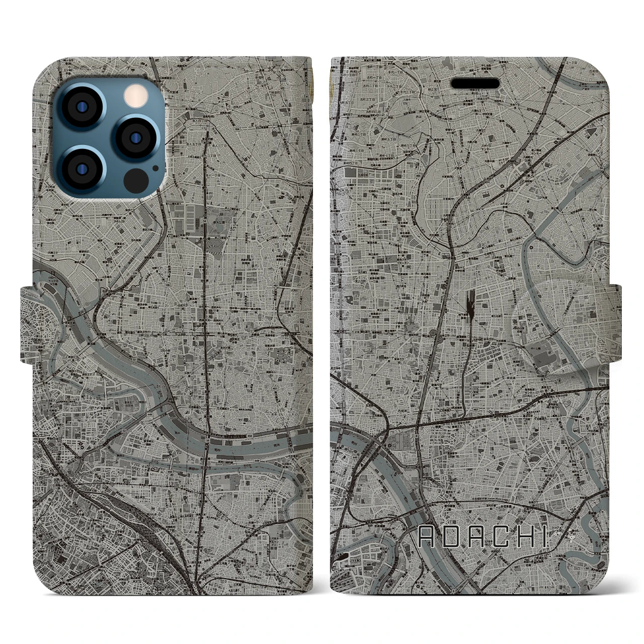 【足立(東京都)】地図柄iPhoneケース(手帳タイプ)モノトーン・iPhone 12 / 12 Pro 用