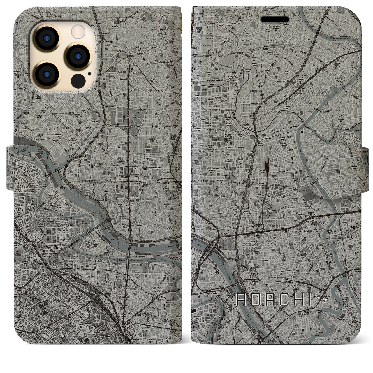 【足立(東京都)】地図柄iPhoneケース(手帳タイプ)モノトーン・iPhone 12 Pro Max 用