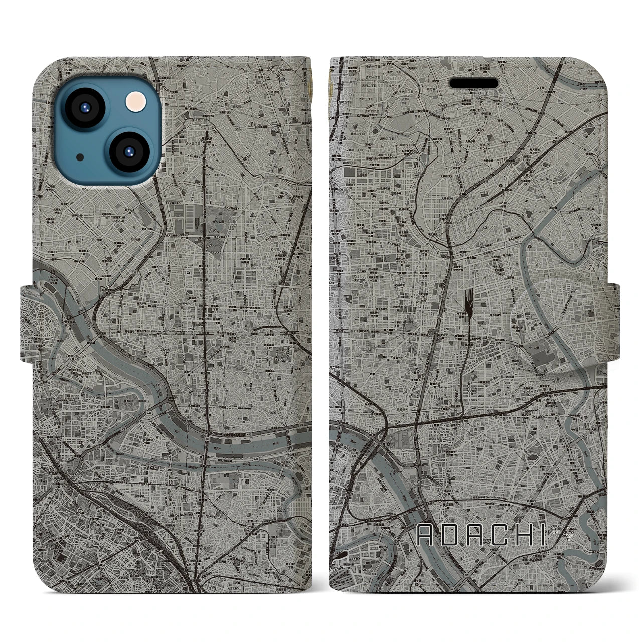 【足立(東京都)】地図柄iPhoneケース(手帳タイプ)モノトーン・iPhone 13 用