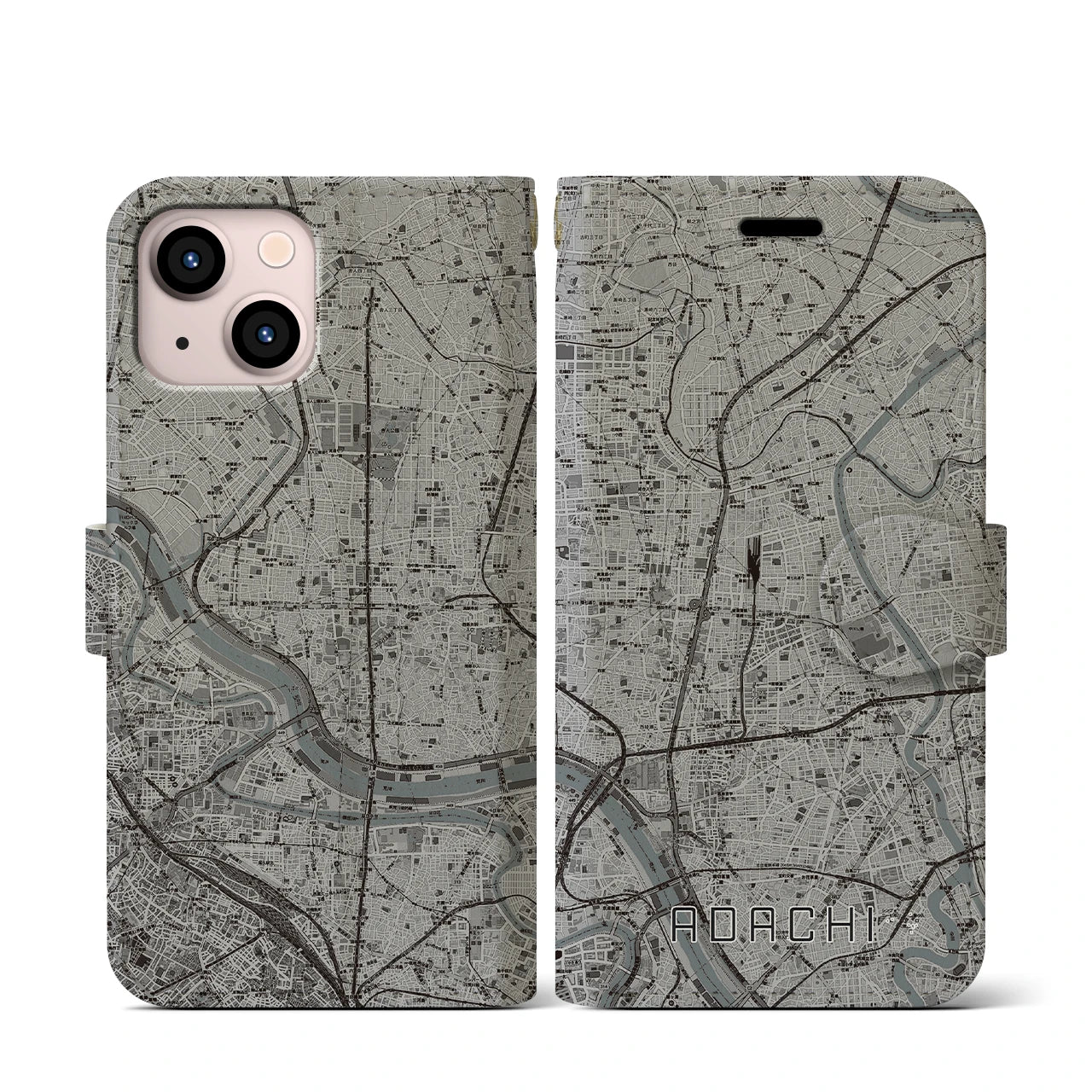 【足立(東京都)】地図柄iPhoneケース(手帳タイプ)モノトーン・iPhone 13 mini 用