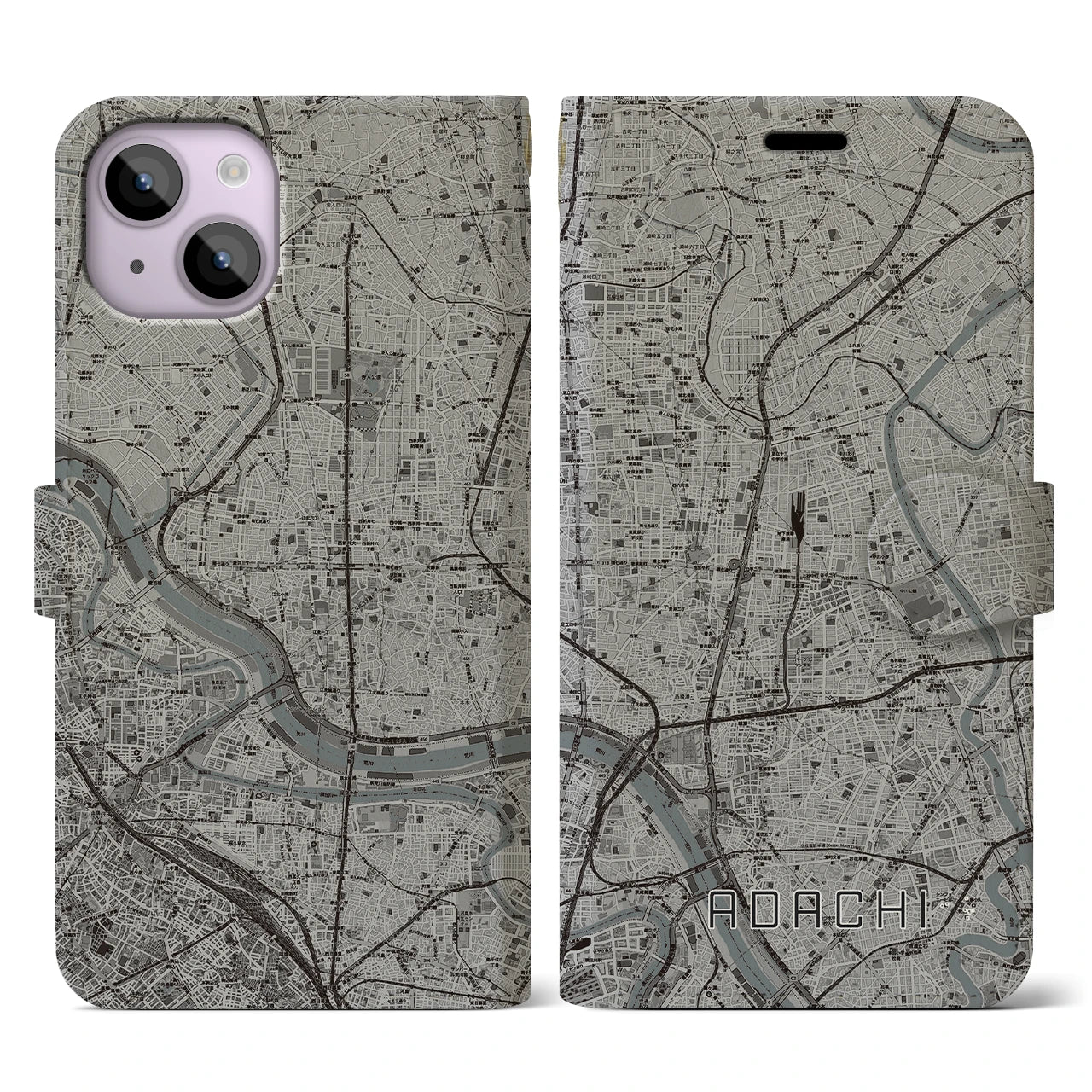 【足立(東京都)】地図柄iPhoneケース(手帳タイプ)モノトーン・iPhone 14 用