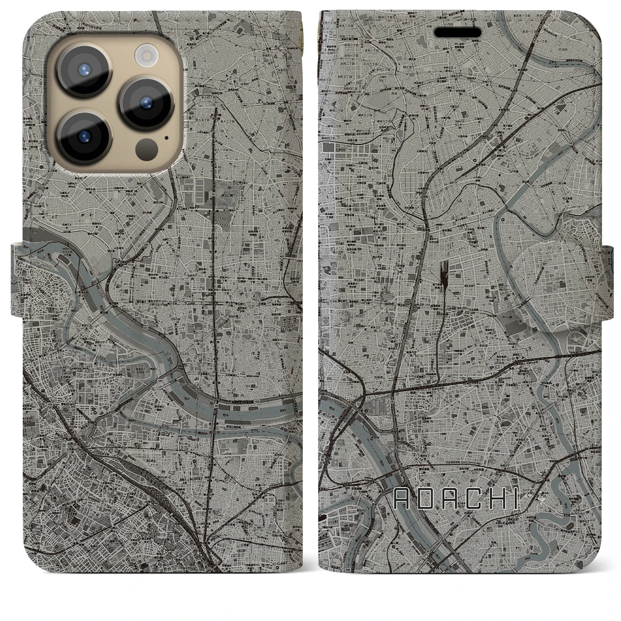 【足立(東京都)】地図柄iPhoneケース(手帳タイプ)モノトーン・iPhone 14 Pro Max 用