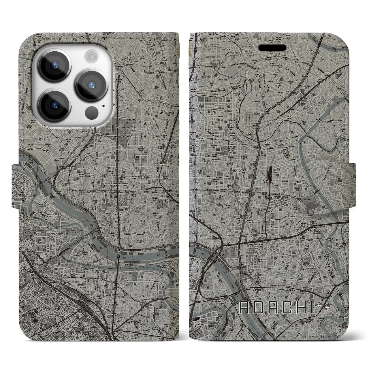 【足立(東京都)】地図柄iPhoneケース(手帳タイプ)モノトーン・iPhone 14 Pro 用