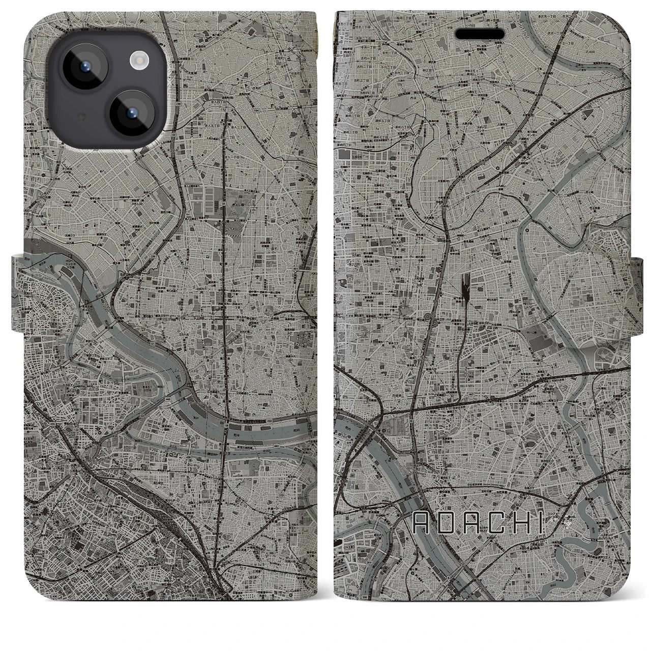 【足立(東京都)】地図柄iPhoneケース(手帳タイプ)モノトーン・iPhone 14 Plus 用