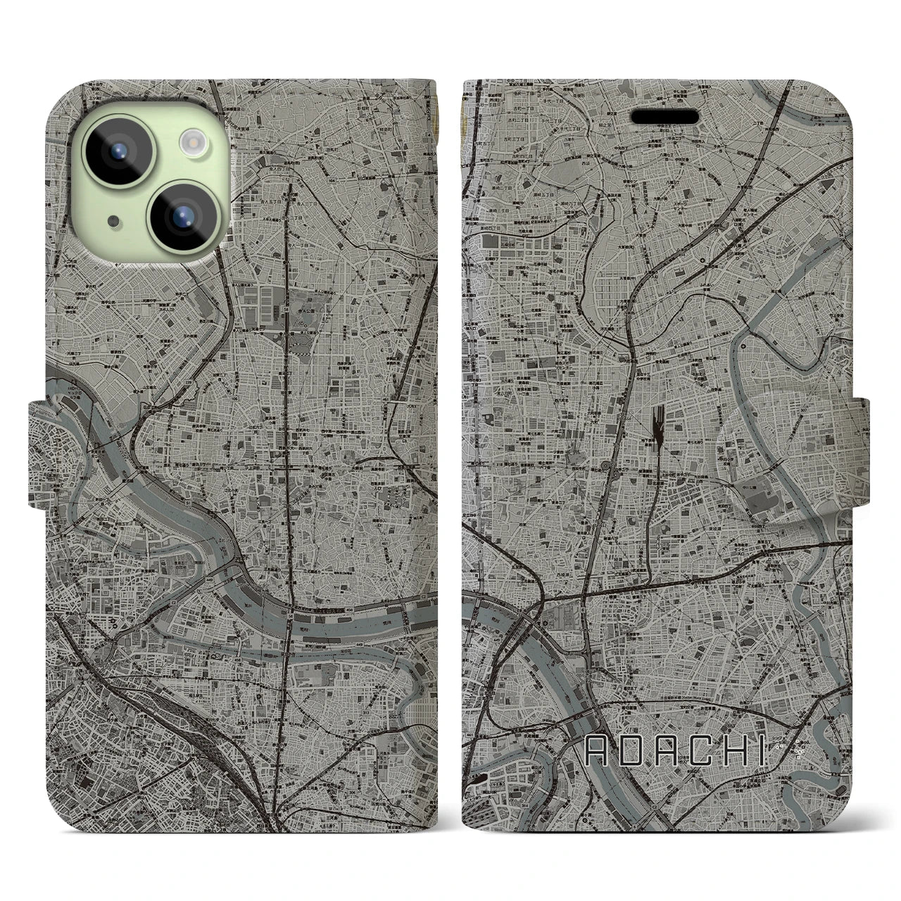 【足立(東京都)】地図柄iPhoneケース(手帳タイプ)モノトーン・iPhone 15 用