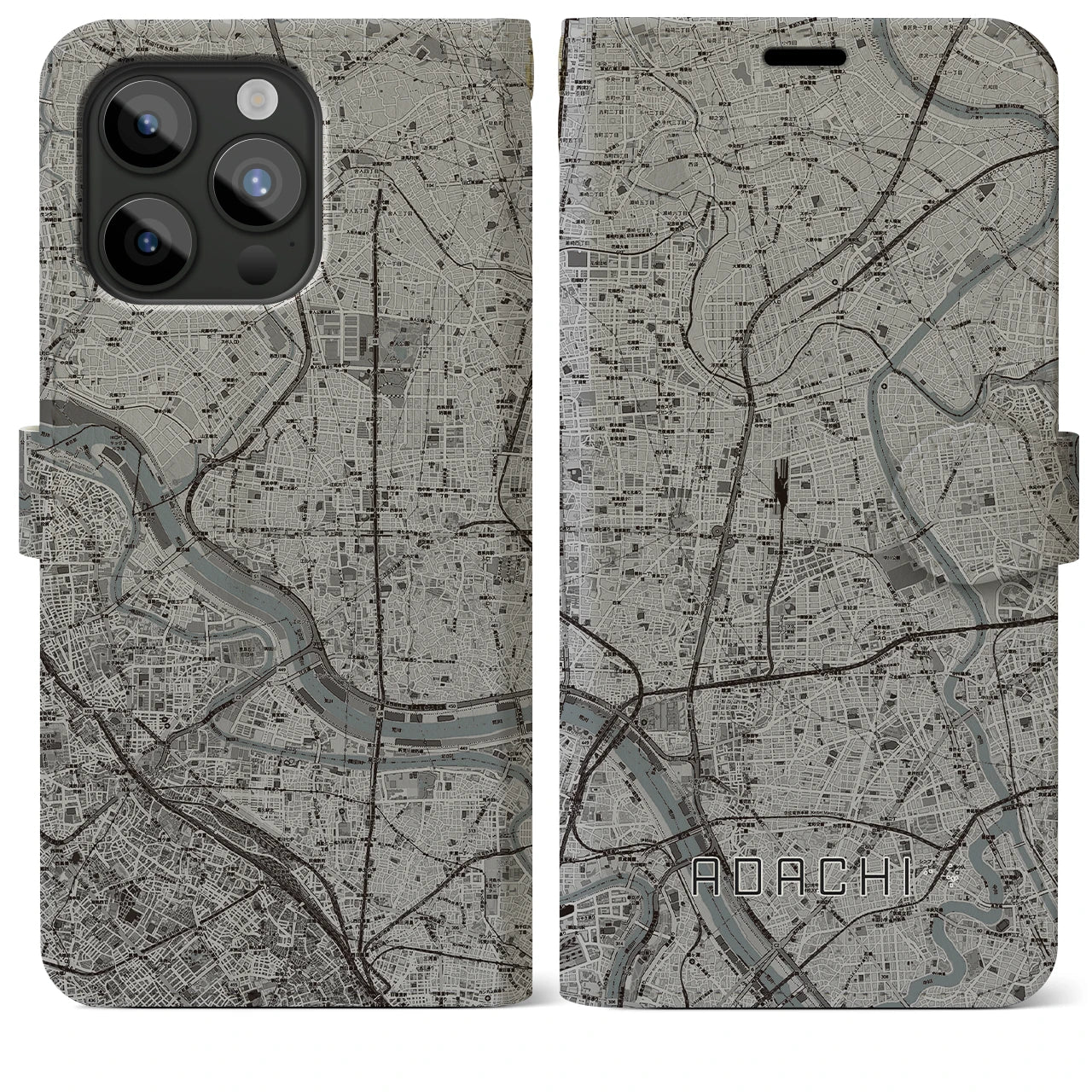 【足立(東京都)】地図柄iPhoneケース(手帳タイプ)モノトーン・iPhone 15 Pro Max 用