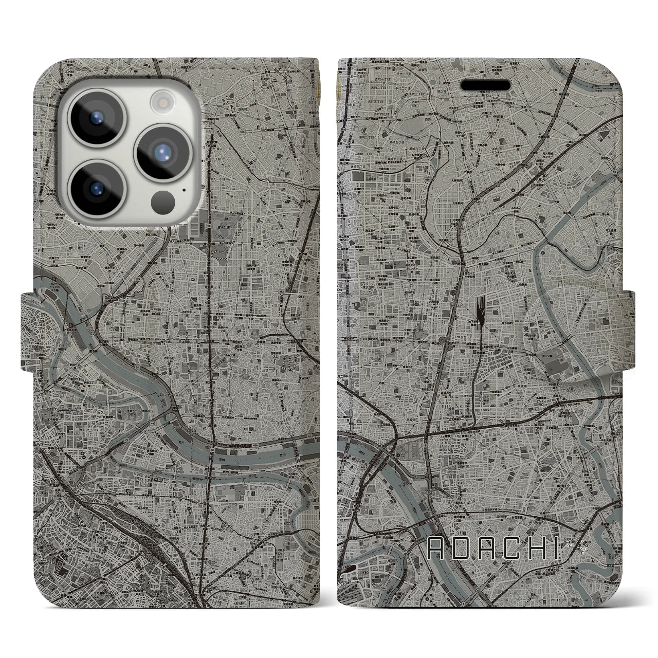 【足立(東京都)】地図柄iPhoneケース(手帳タイプ)モノトーン・iPhone 15 Pro 用