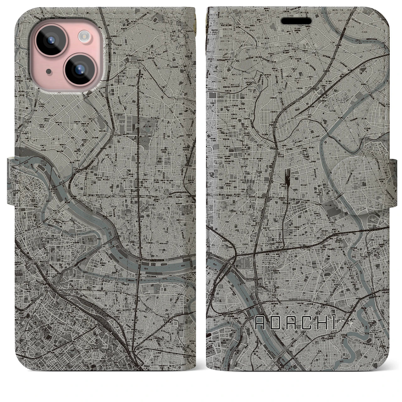 【足立(東京都)】地図柄iPhoneケース(手帳タイプ)モノトーン・iPhone 15 Plus 用