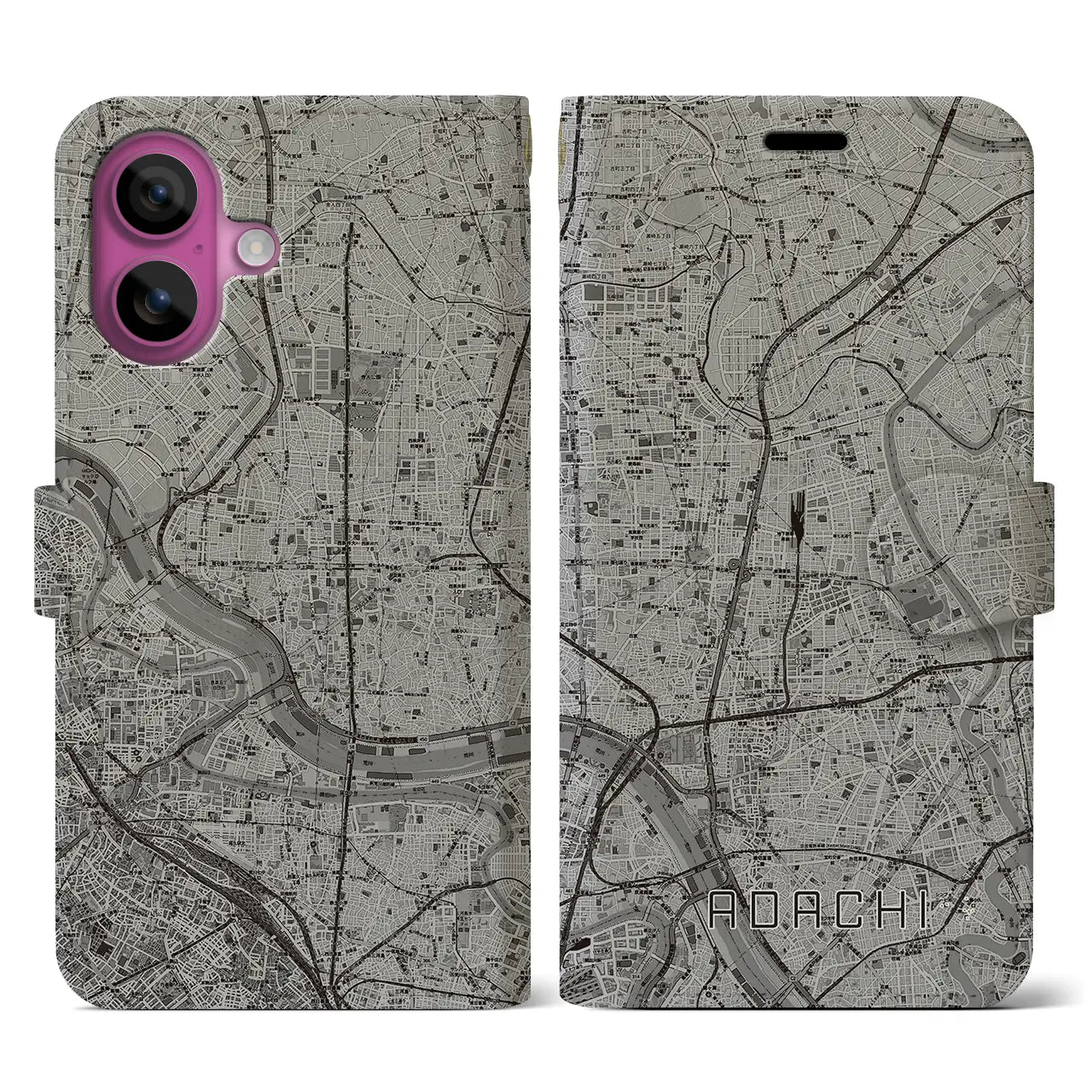 【足立(東京都)】地図柄iPhoneケース(手帳タイプ)モノトーン・iPhone 16 Pro 用