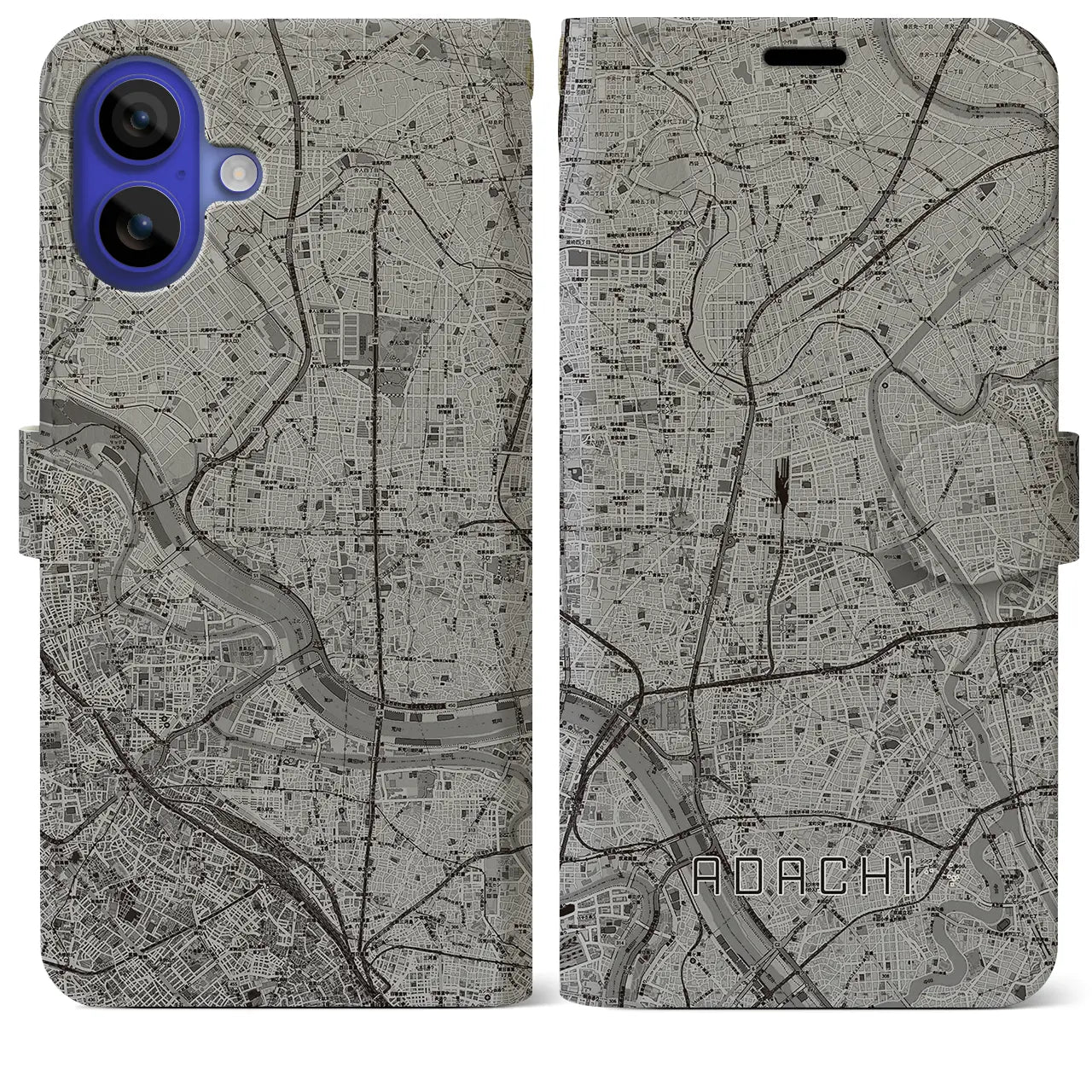 【足立(東京都)】地図柄iPhoneケース(手帳タイプ)モノトーン・iPhone 16 Pro Max 用