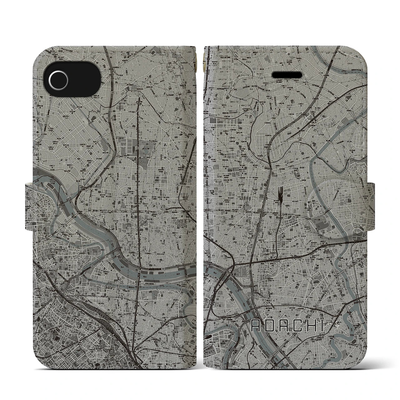 【足立(東京都)】地図柄iPhoneケース(手帳タイプ)モノトーン・iPhone SE(第3 / 第2世代) / 8 / 7 / 6s / 6 用