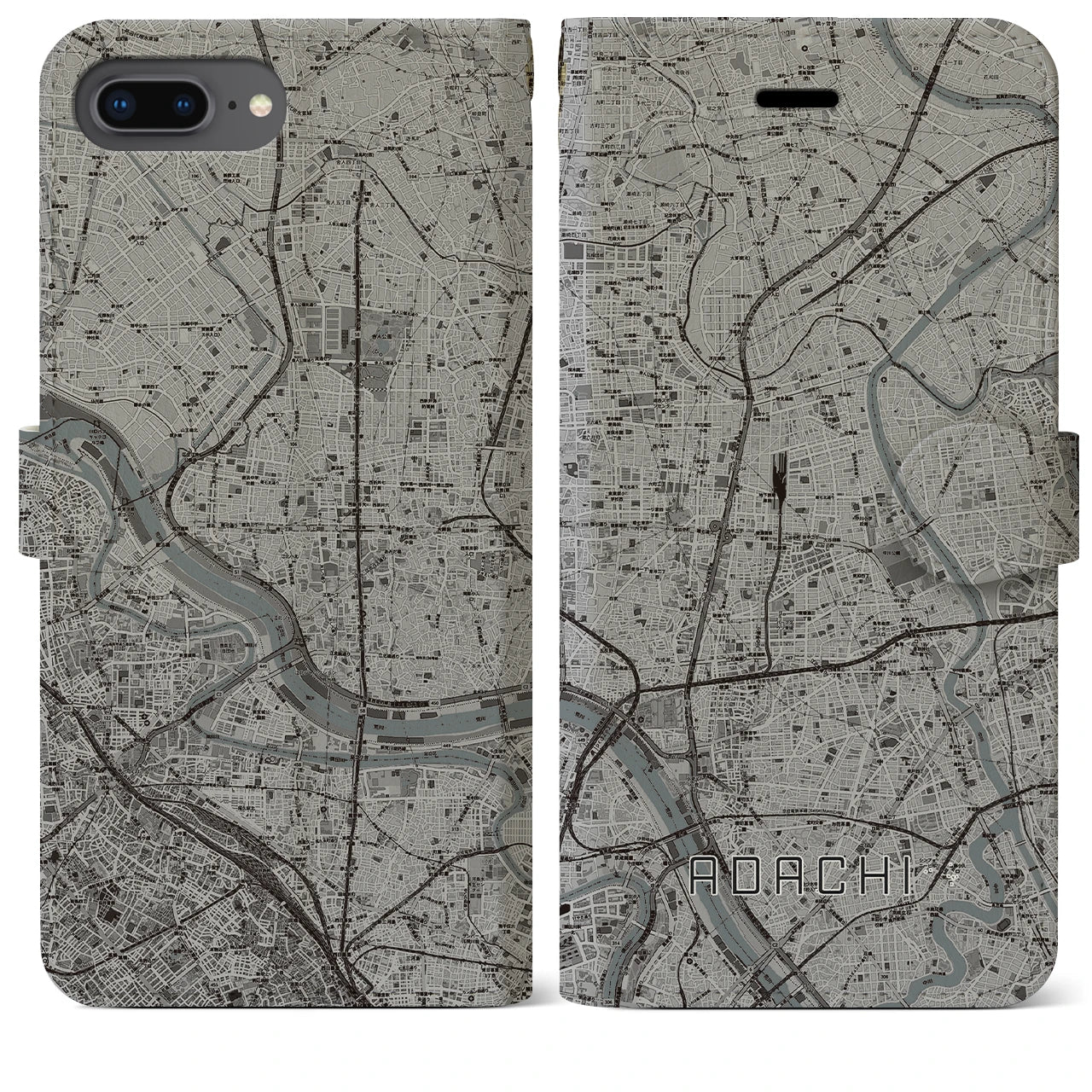 【足立(東京都)】地図柄iPhoneケース(手帳タイプ)モノトーン・iPhone 8Plus /7Plus / 6sPlus / 6Plus 用