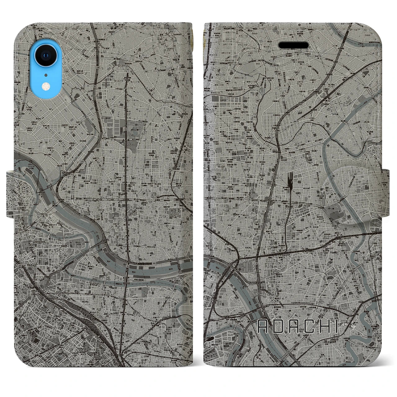 【足立(東京都)】地図柄iPhoneケース(手帳タイプ)モノトーン・iPhone XR 用