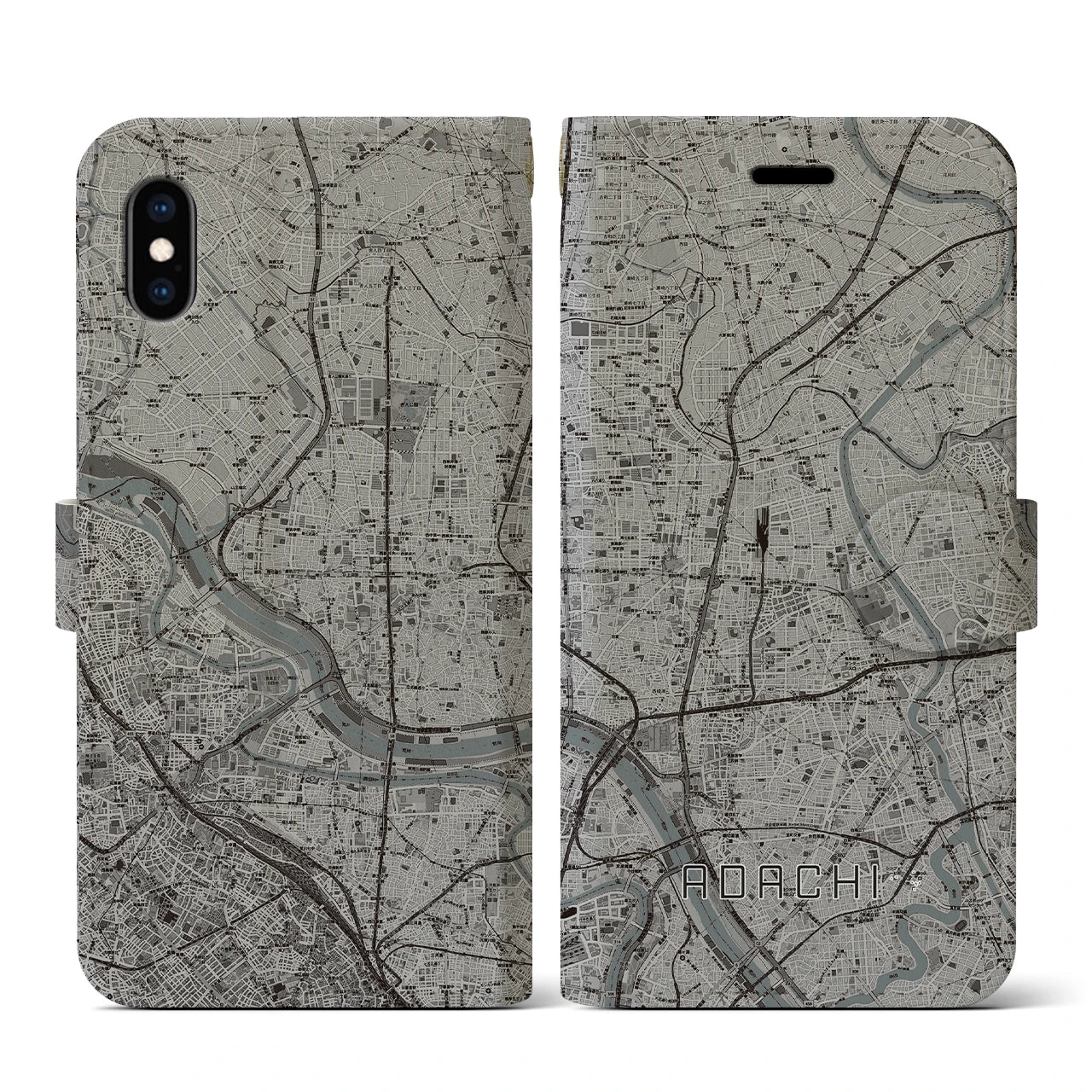 【足立(東京都)】地図柄iPhoneケース(手帳タイプ)モノトーン・iPhone XS / X 用