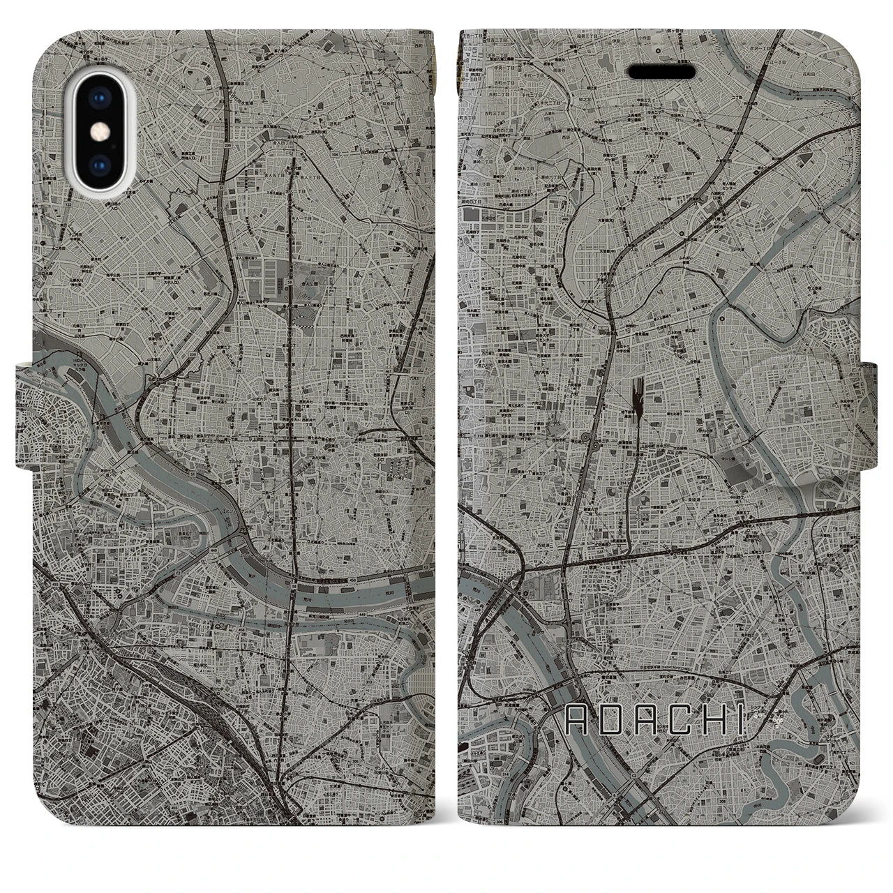 【足立(東京都)】地図柄iPhoneケース(手帳タイプ)モノトーン・iPhone XS Max 用