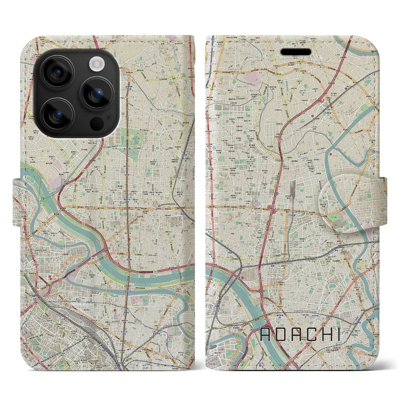 【足立(東京都)】地図柄iPhoneケース(手帳タイプ)ナチュラル・iPhone 16 用