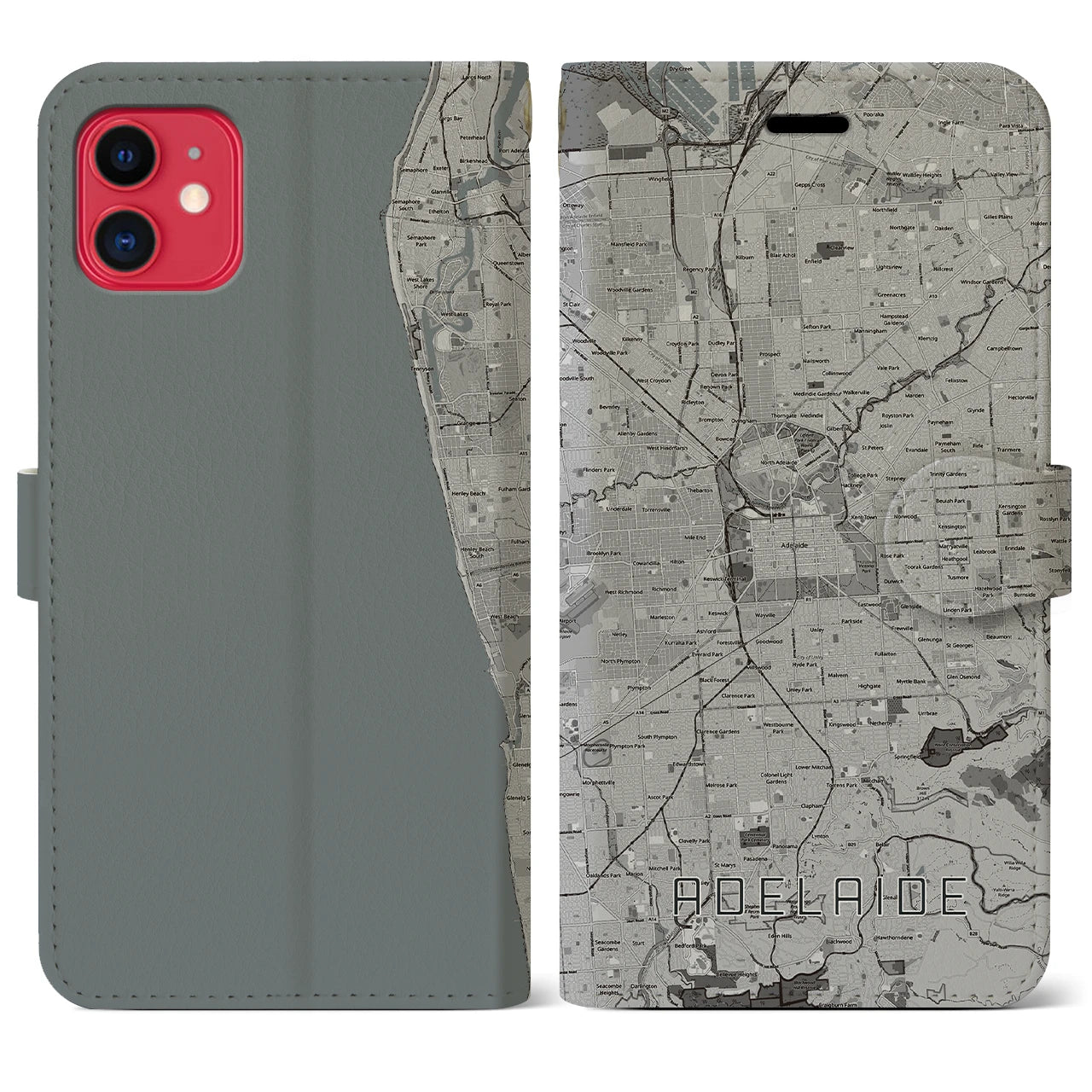 【アデレード(オーストラリア)】地図柄iPhoneケース(手帳タイプ)モノトーン・iPhone 11 用