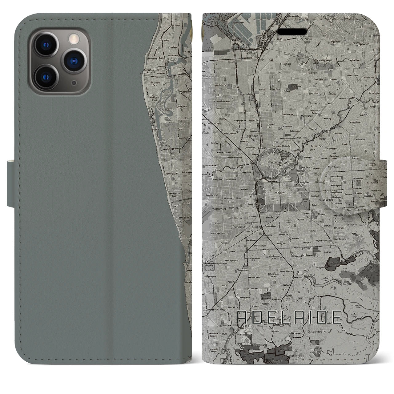 【アデレード(オーストラリア)】地図柄iPhoneケース(手帳タイプ)モノトーン・iPhone 11 Pro Max 用