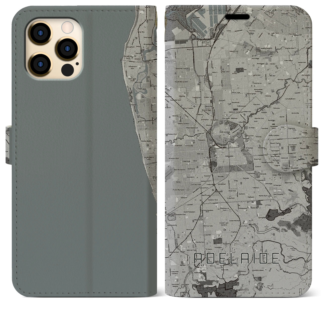 【アデレード(オーストラリア)】地図柄iPhoneケース(手帳タイプ)モノトーン・iPhone 12 Pro Max 用