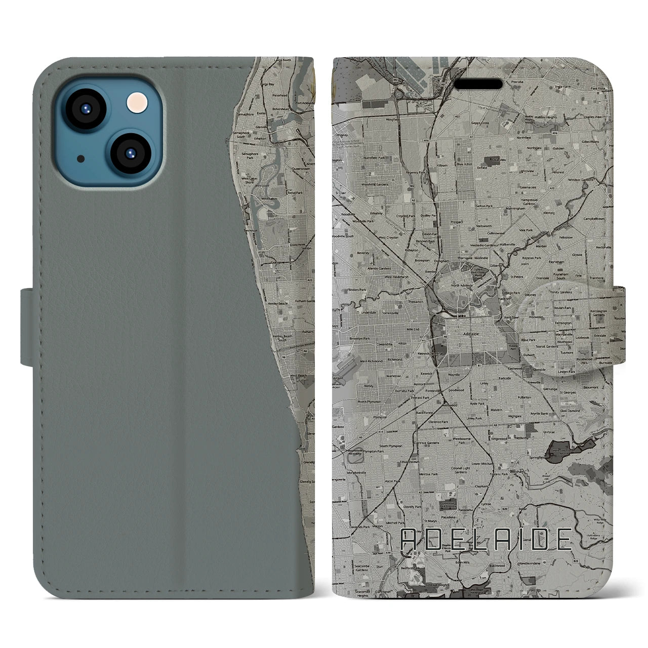 【アデレード(オーストラリア)】地図柄iPhoneケース(手帳タイプ)モノトーン・iPhone 13 用
