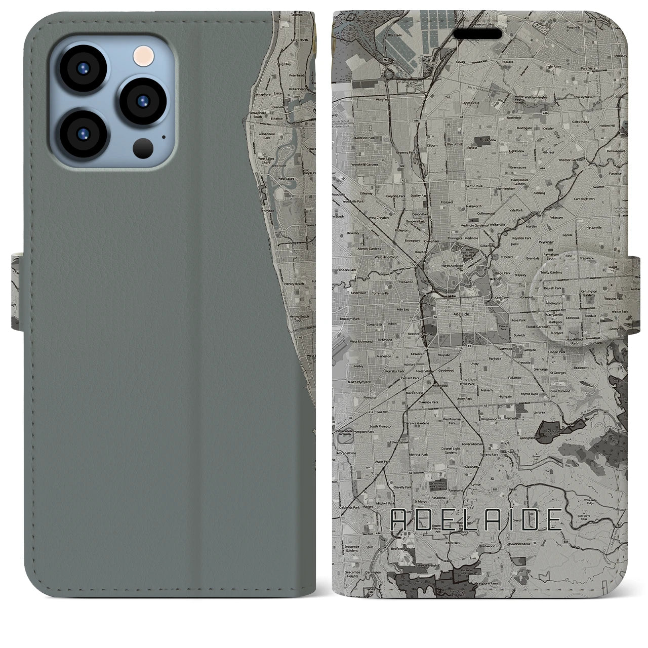 【アデレード(オーストラリア)】地図柄iPhoneケース(手帳タイプ)モノトーン・iPhone 13 Pro Max 用