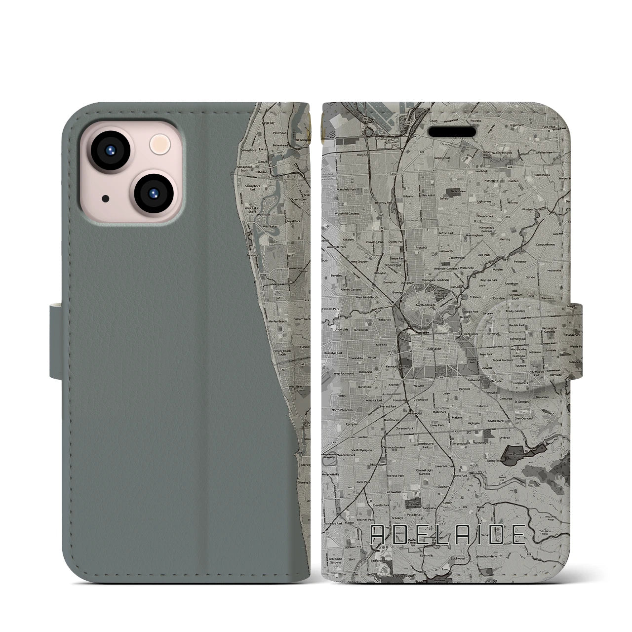 【アデレード(オーストラリア)】地図柄iPhoneケース(手帳タイプ)モノトーン・iPhone 13 mini 用