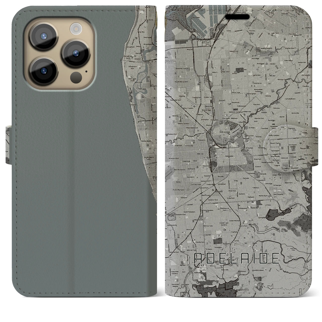 【アデレード(オーストラリア)】地図柄iPhoneケース(手帳タイプ)モノトーン・iPhone 14 Pro Max 用