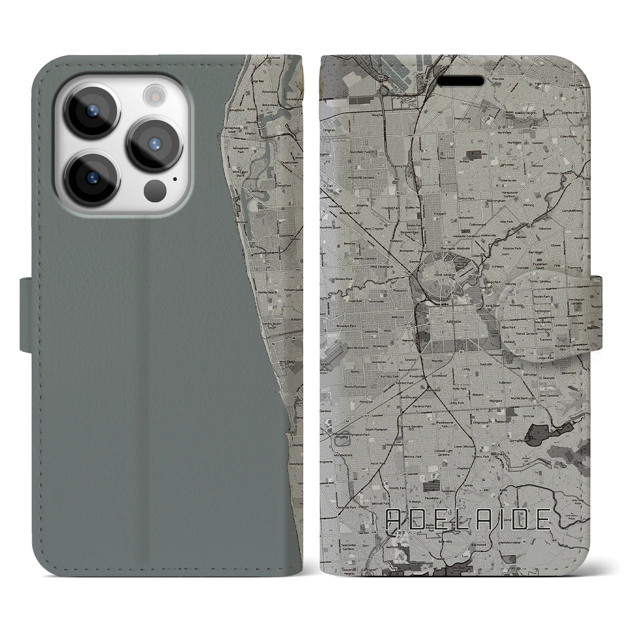 【アデレード(オーストラリア)】地図柄iPhoneケース(手帳タイプ)モノトーン・iPhone 14 Pro 用