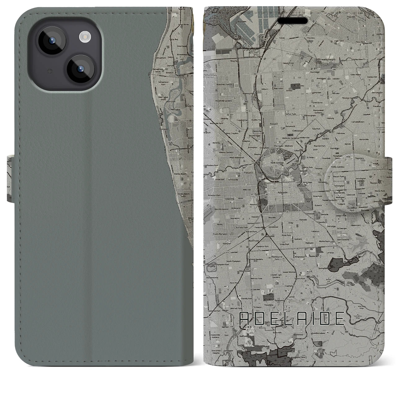 【アデレード(オーストラリア)】地図柄iPhoneケース(手帳タイプ)モノトーン・iPhone 14 Plus 用