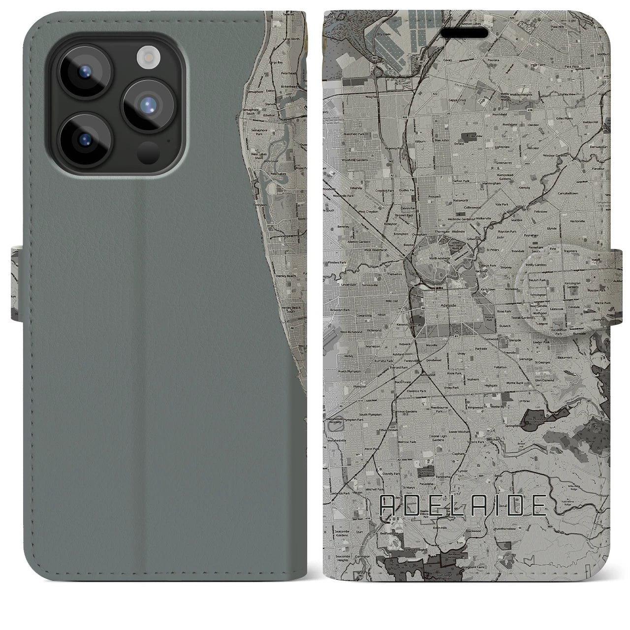 【アデレード(オーストラリア)】地図柄iPhoneケース(手帳タイプ)モノトーン・iPhone 15 Pro Max 用