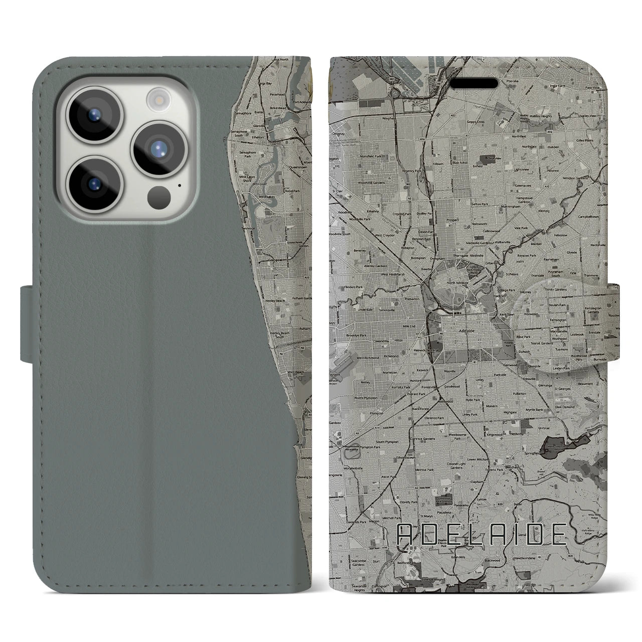 【アデレード(オーストラリア)】地図柄iPhoneケース(手帳タイプ)モノトーン・iPhone 15 Pro 用