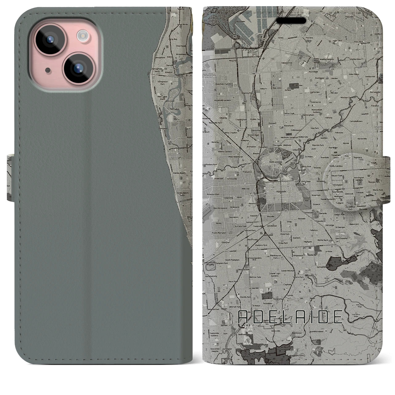 【アデレード(オーストラリア)】地図柄iPhoneケース(手帳タイプ)モノトーン・iPhone 15 Plus 用