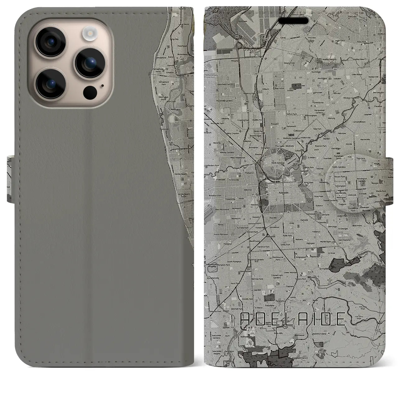 【アデレード(オーストラリア)】地図柄iPhoneケース(手帳タイプ)モノトーン・iPhone 16 Plus 用