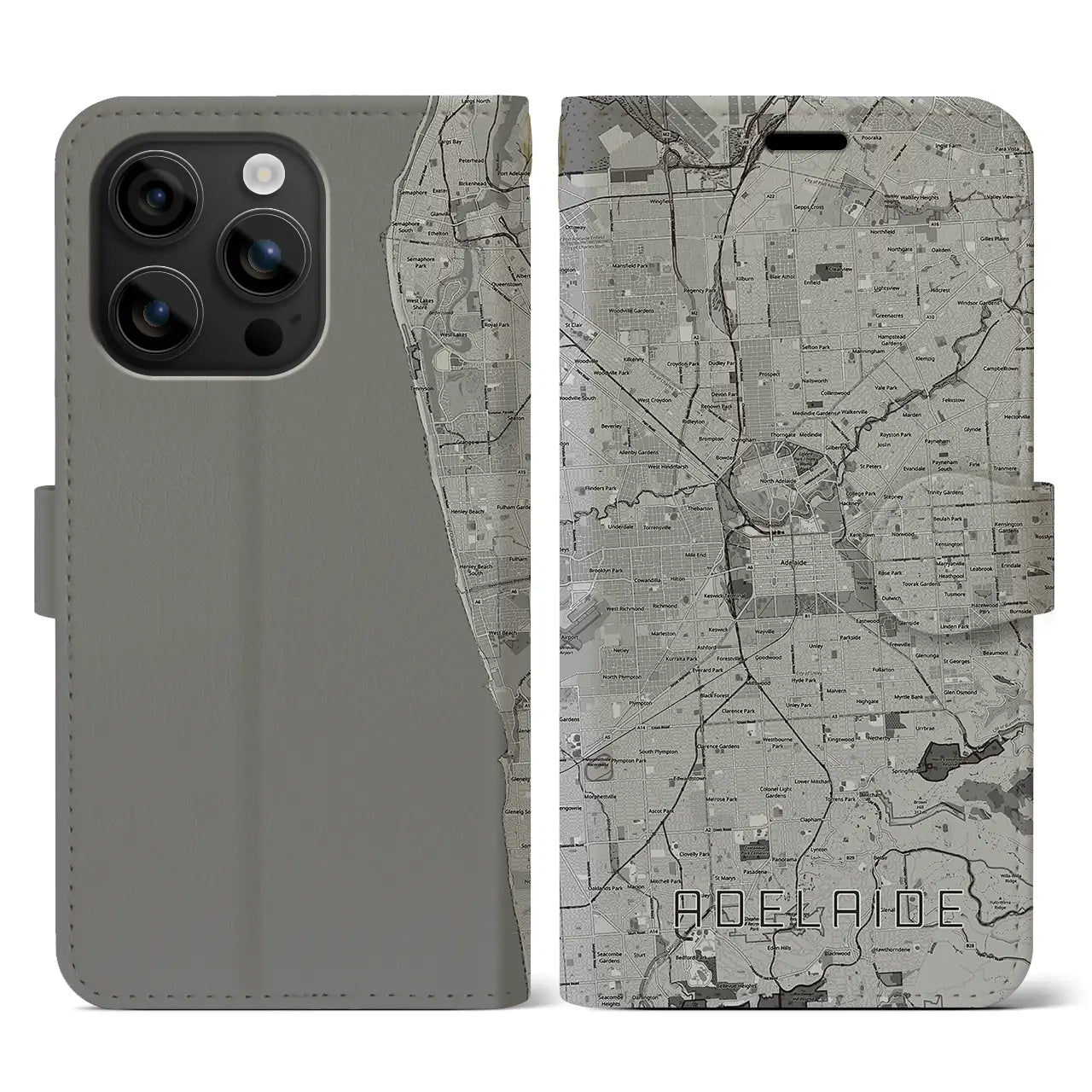 【アデレード(オーストラリア)】地図柄iPhoneケース(手帳タイプ)モノトーン・iPhone 16 用