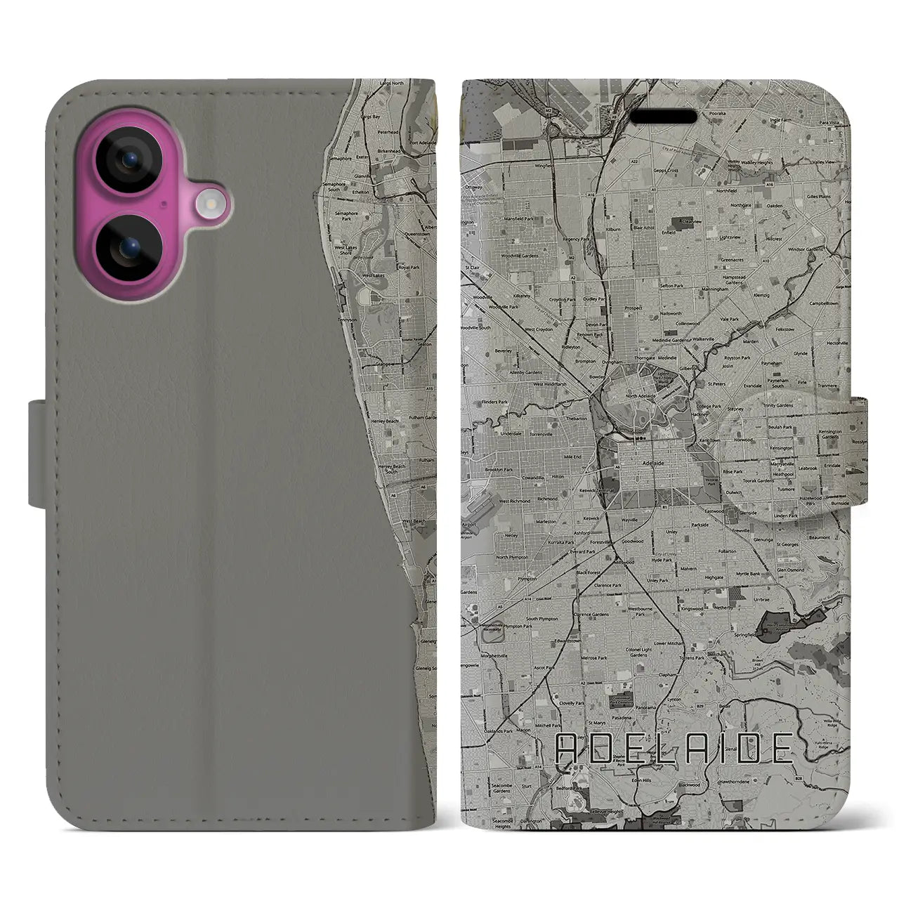 【アデレード(オーストラリア)】地図柄iPhoneケース(手帳タイプ)モノトーン・iPhone 16 Pro 用