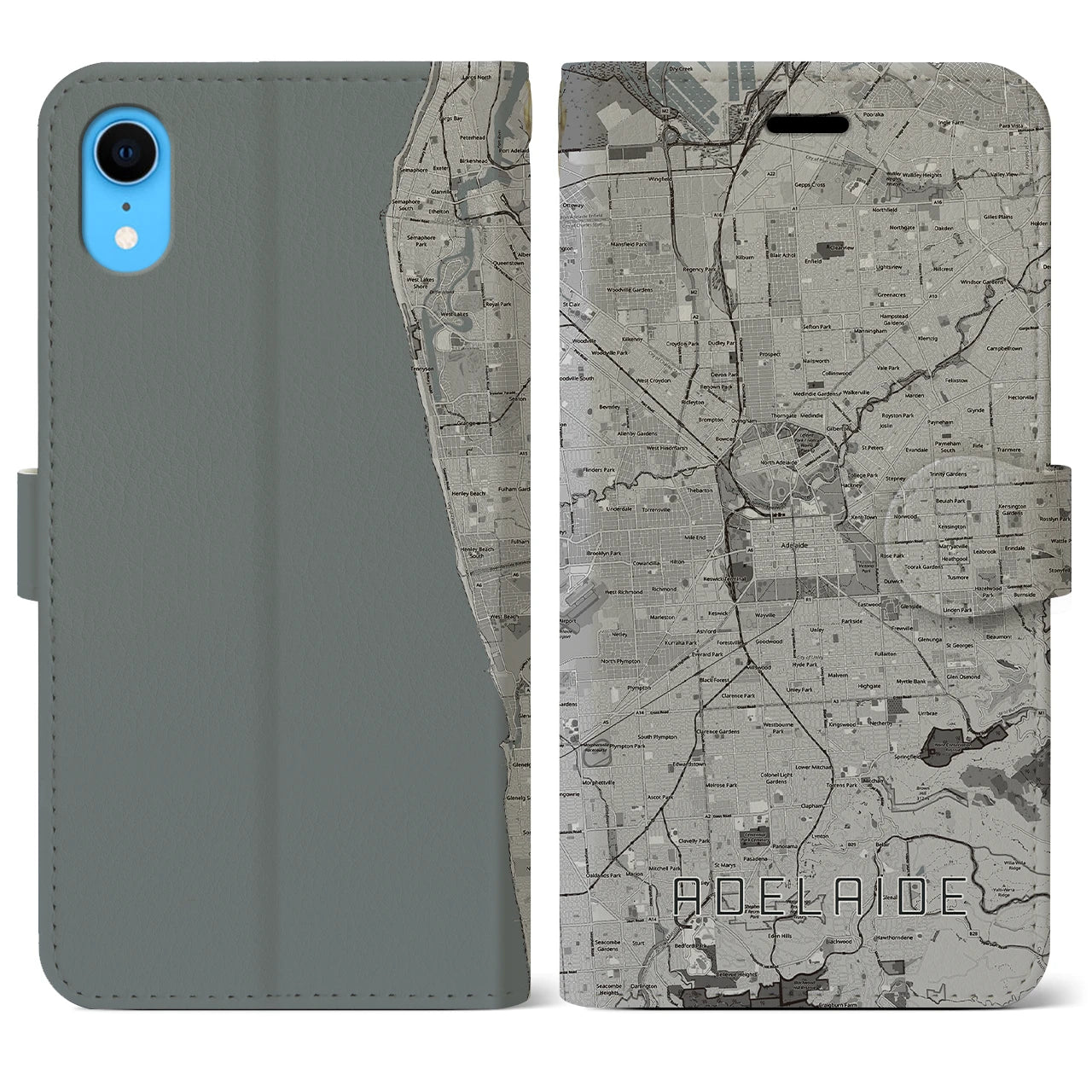 【アデレード(オーストラリア)】地図柄iPhoneケース(手帳タイプ)モノトーン・iPhone XR 用