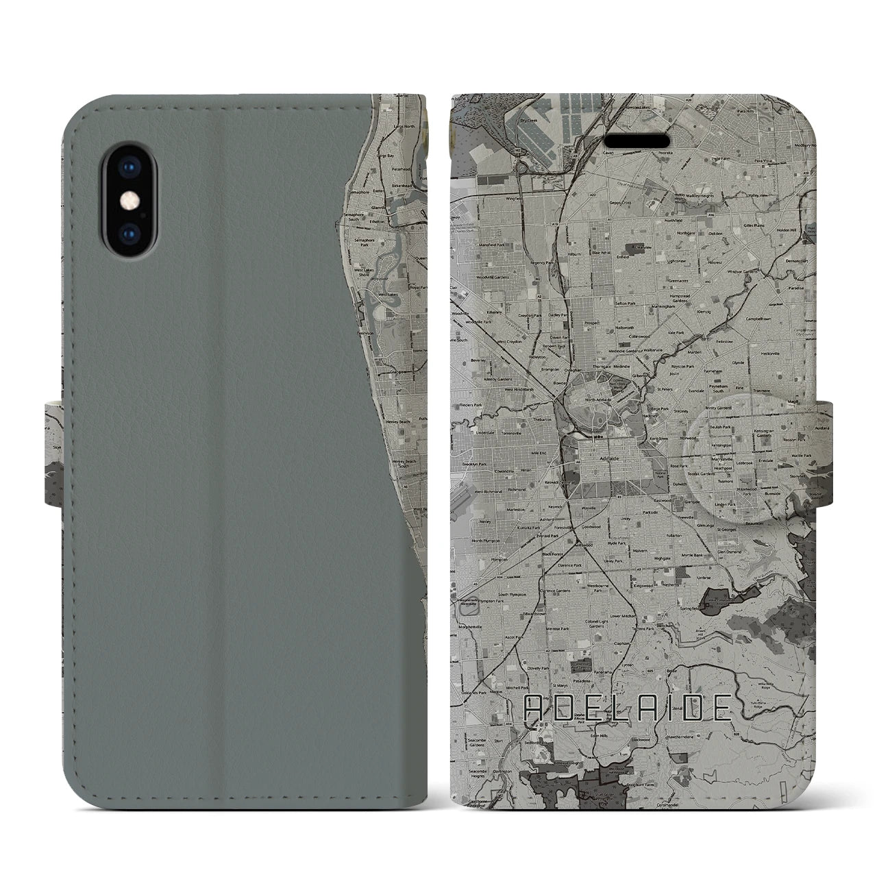 【アデレード(オーストラリア)】地図柄iPhoneケース(手帳タイプ)モノトーン・iPhone XS / X 用