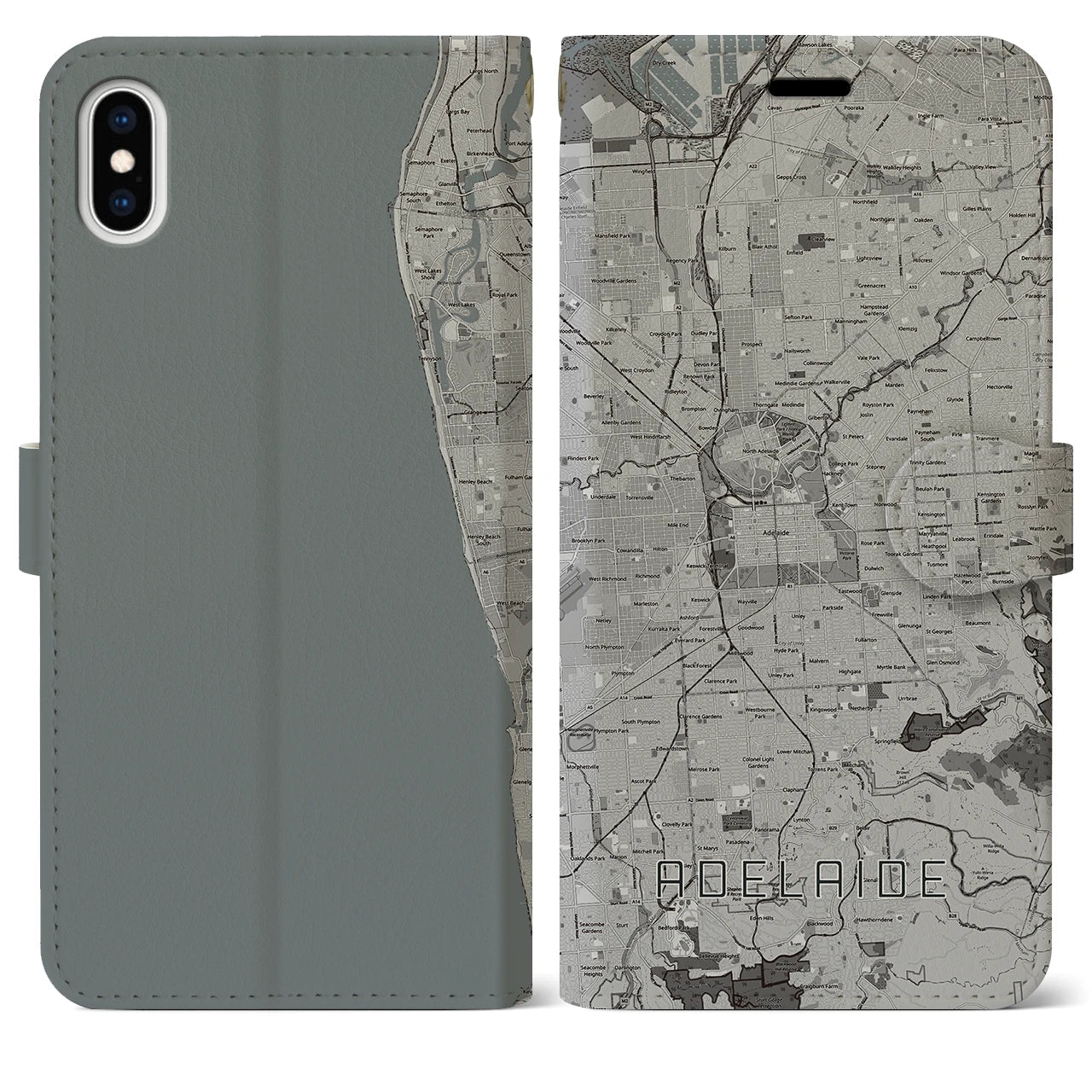 【アデレード(オーストラリア)】地図柄iPhoneケース(手帳タイプ)モノトーン・iPhone XS Max 用
