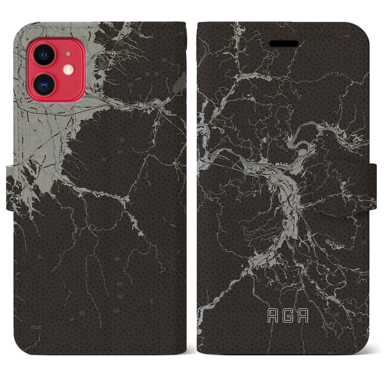 【阿賀(新潟県)】地図柄iPhoneケース(手帳タイプ)モノトーン・iPhone 11 用