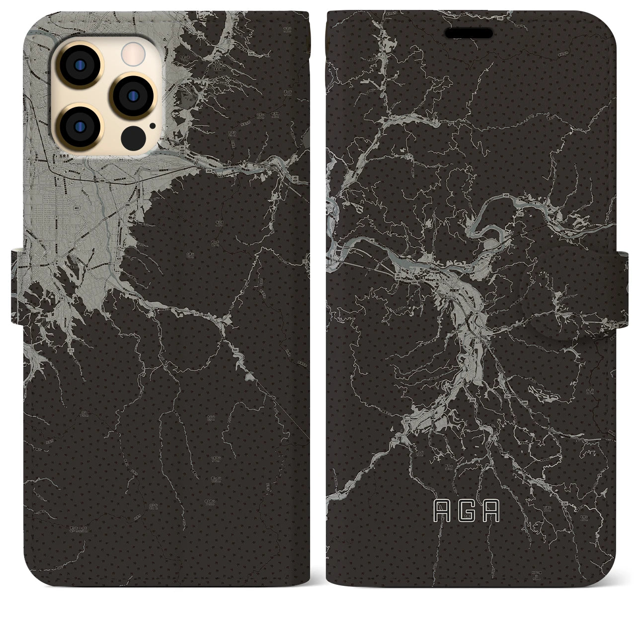 【阿賀(新潟県)】地図柄iPhoneケース(手帳タイプ)モノトーン・iPhone 12 Pro Max 用