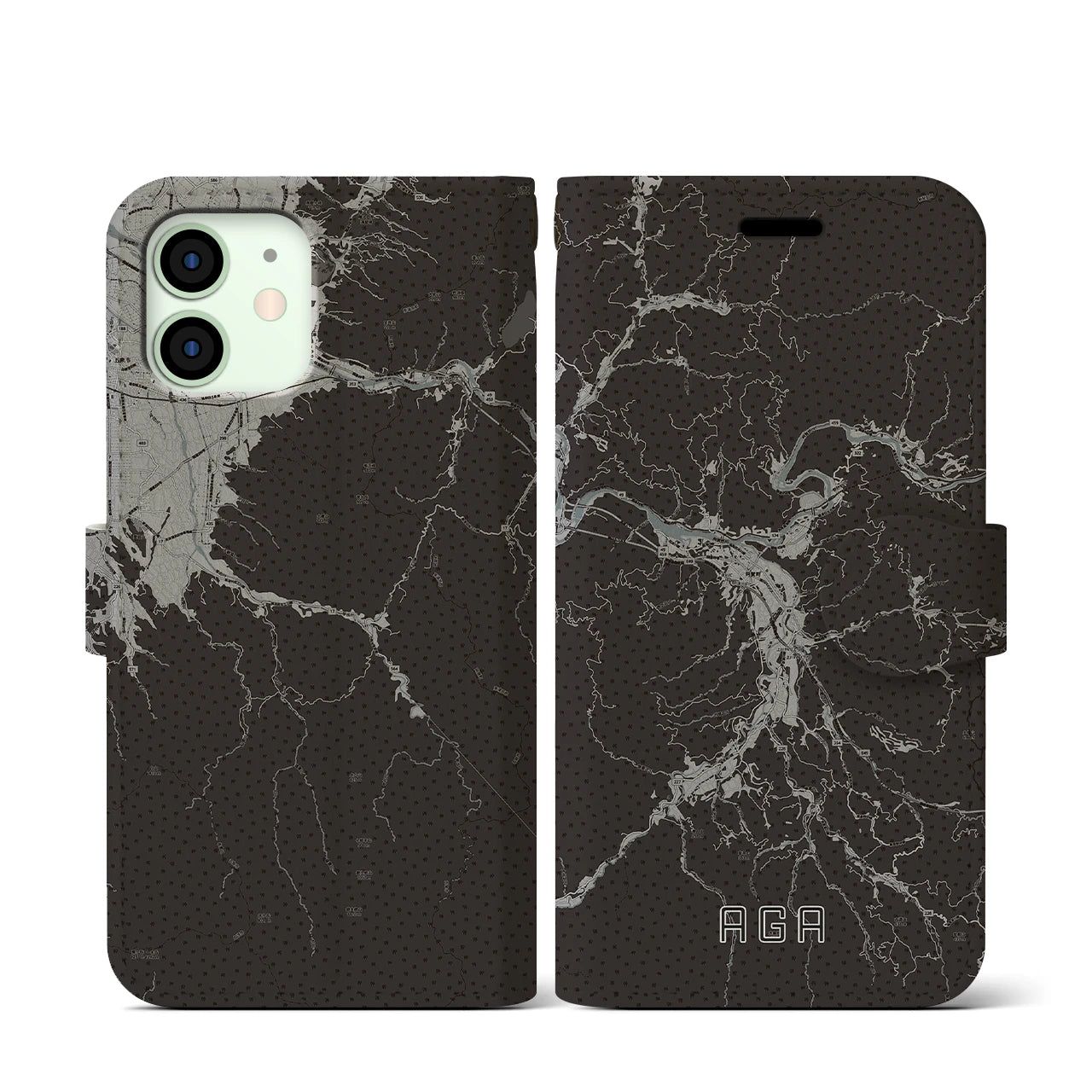 【阿賀(新潟県)】地図柄iPhoneケース(手帳タイプ)モノトーン・iPhone 12 mini 用