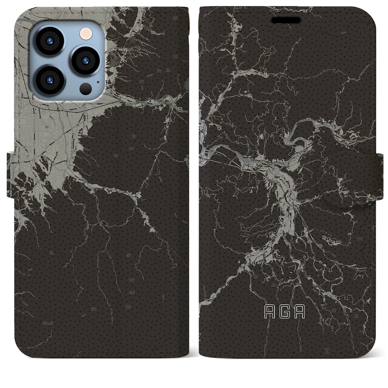 【阿賀(新潟県)】地図柄iPhoneケース(手帳タイプ)モノトーン・iPhone 13 Pro Max 用