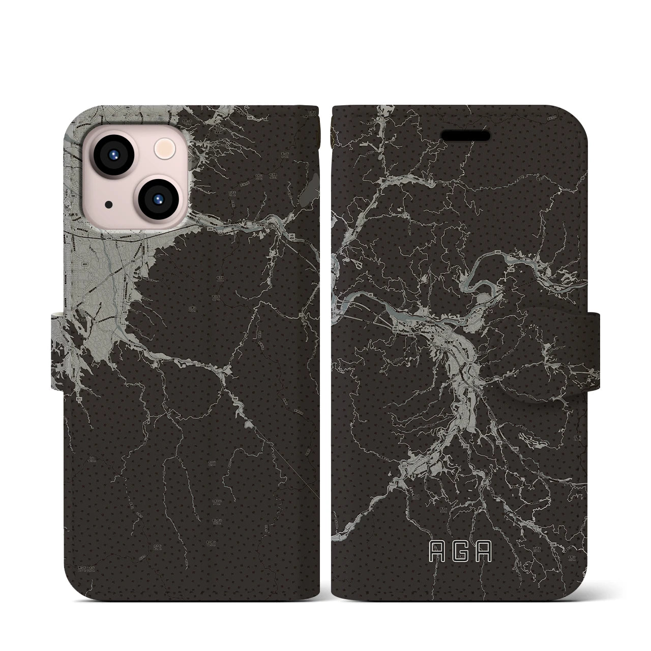【阿賀(新潟県)】地図柄iPhoneケース(手帳タイプ)モノトーン・iPhone 13 mini 用