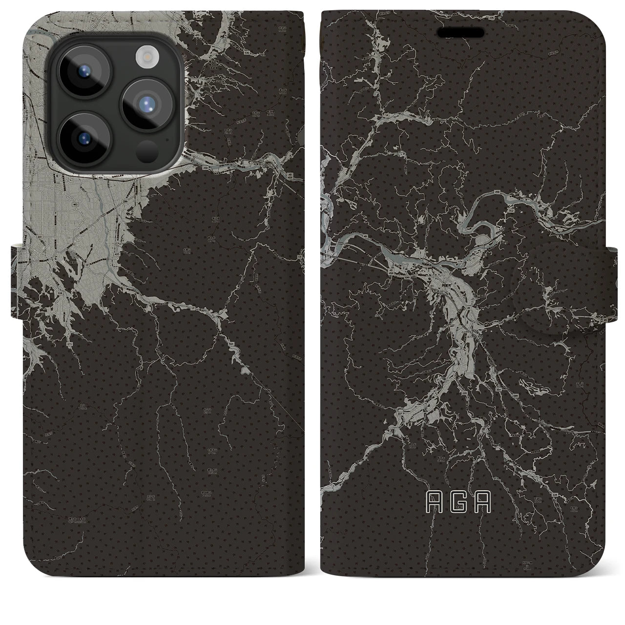 【阿賀(新潟県)】地図柄iPhoneケース(手帳タイプ)モノトーン・iPhone 15 Pro Max 用