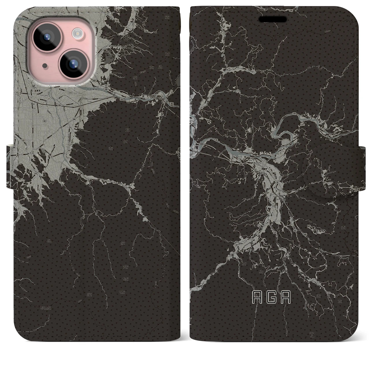 【阿賀(新潟県)】地図柄iPhoneケース(手帳タイプ)モノトーン・iPhone 15 Plus 用